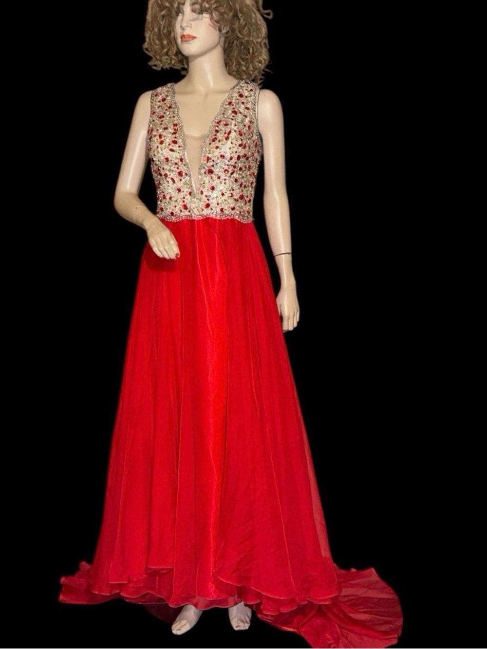 Alyce Paris Red Chiffon B’Dazzle Rhinestone Beaded Gown Formal Maxi Dress sz 6
